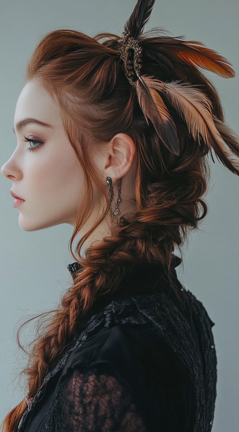 A woman with a loose cascading braid decorated with feathers.