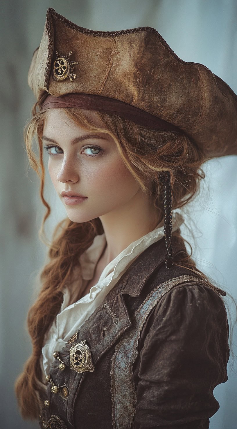 A woman with a loose cascading braid under a pirate hat.