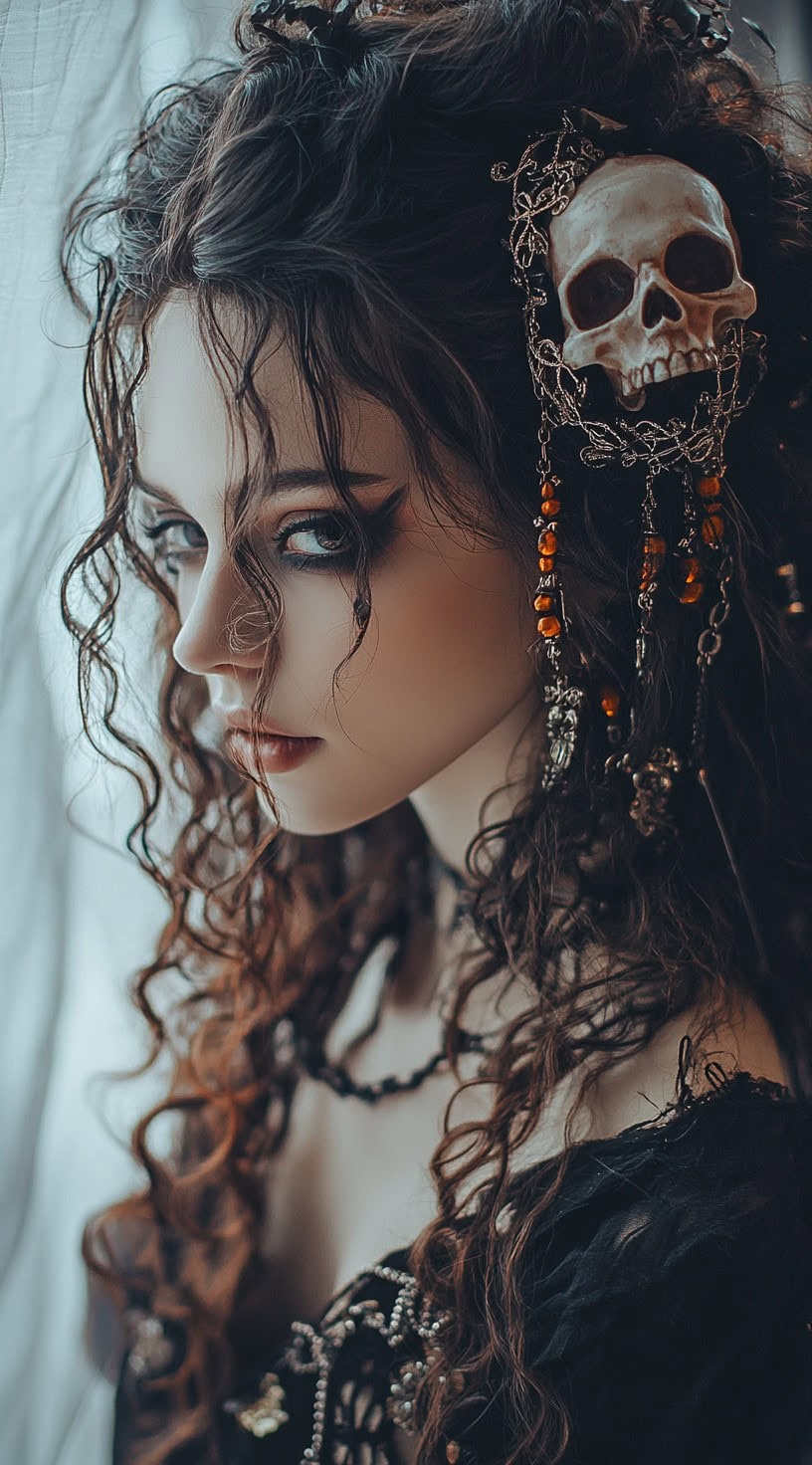 A woman with loose curls decorated with skull hair jewelry.