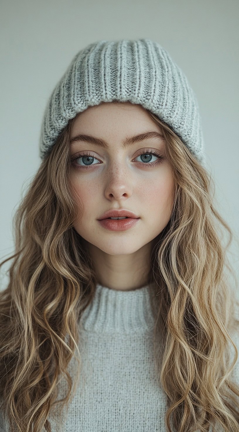 A young woman with loose curls and a white beanie, wearing a cozy grey sweater.