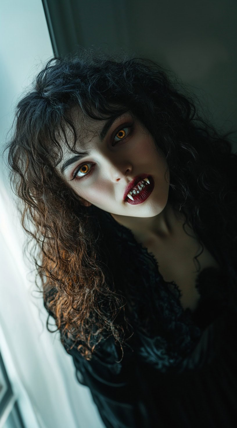 In the photo, a woman with loose, curly dark hair and intense gothic makeup stares intensely.