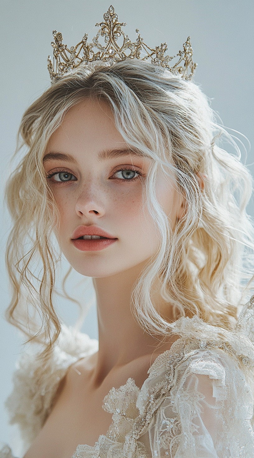 In this picture, a woman with loose, curly hair styled with a middle part is crowned with an elegant tiara.