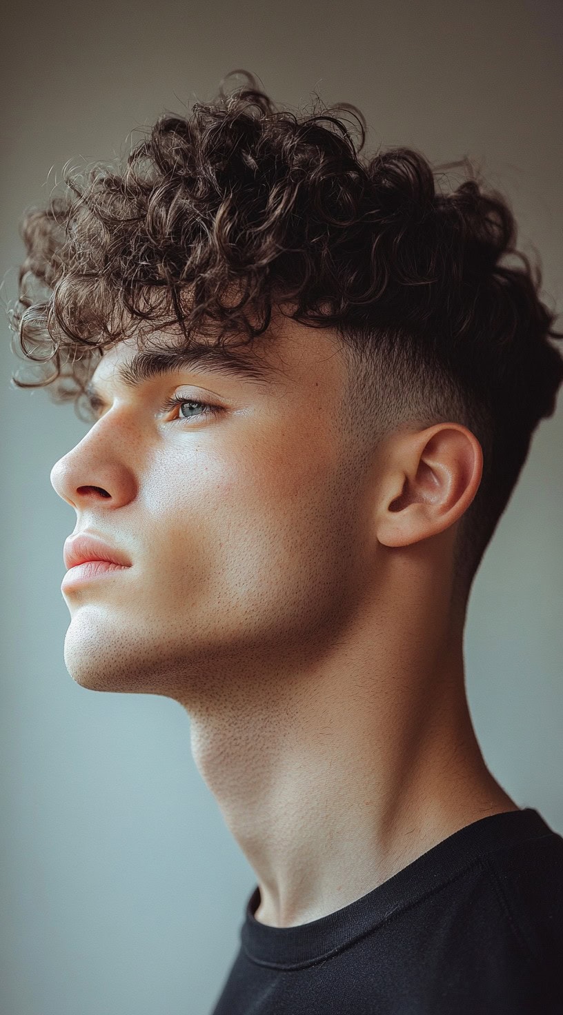 Side profile of a man with loose curls and a tapered fade, offering a soft yet defined look.