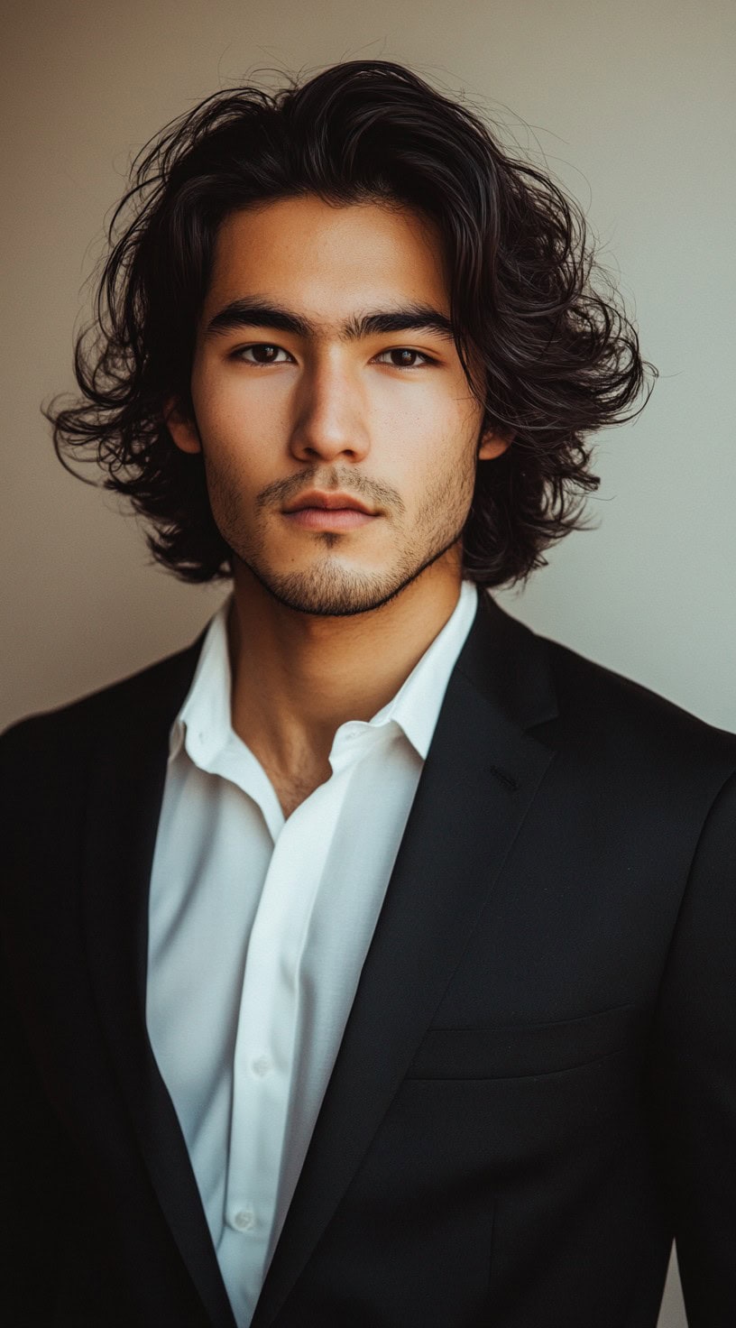 A young man with loose curls, dressed in a black suit.