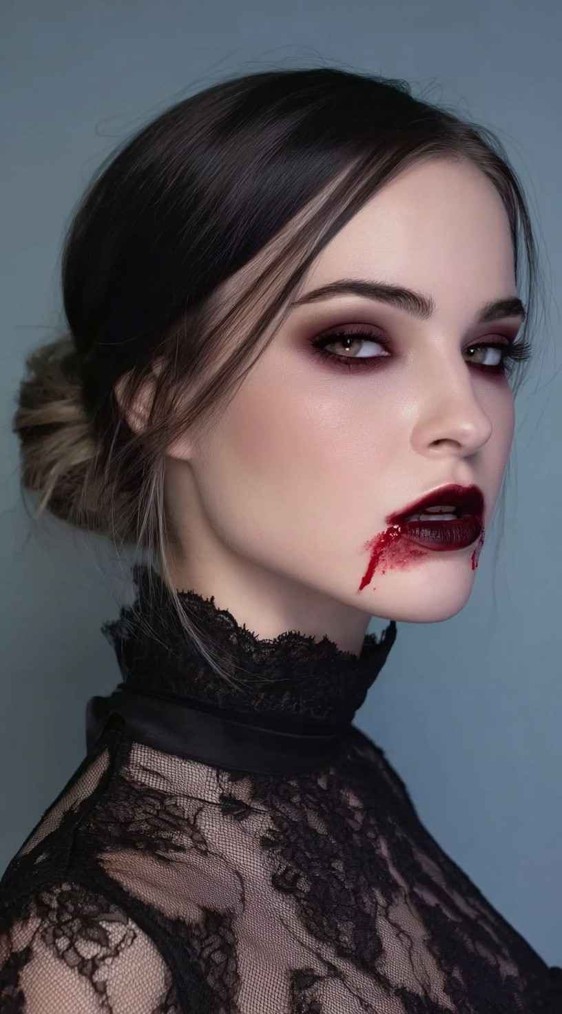 Soft, low messy bun with subtle blonde highlights framing the face and dark smokey makeup.