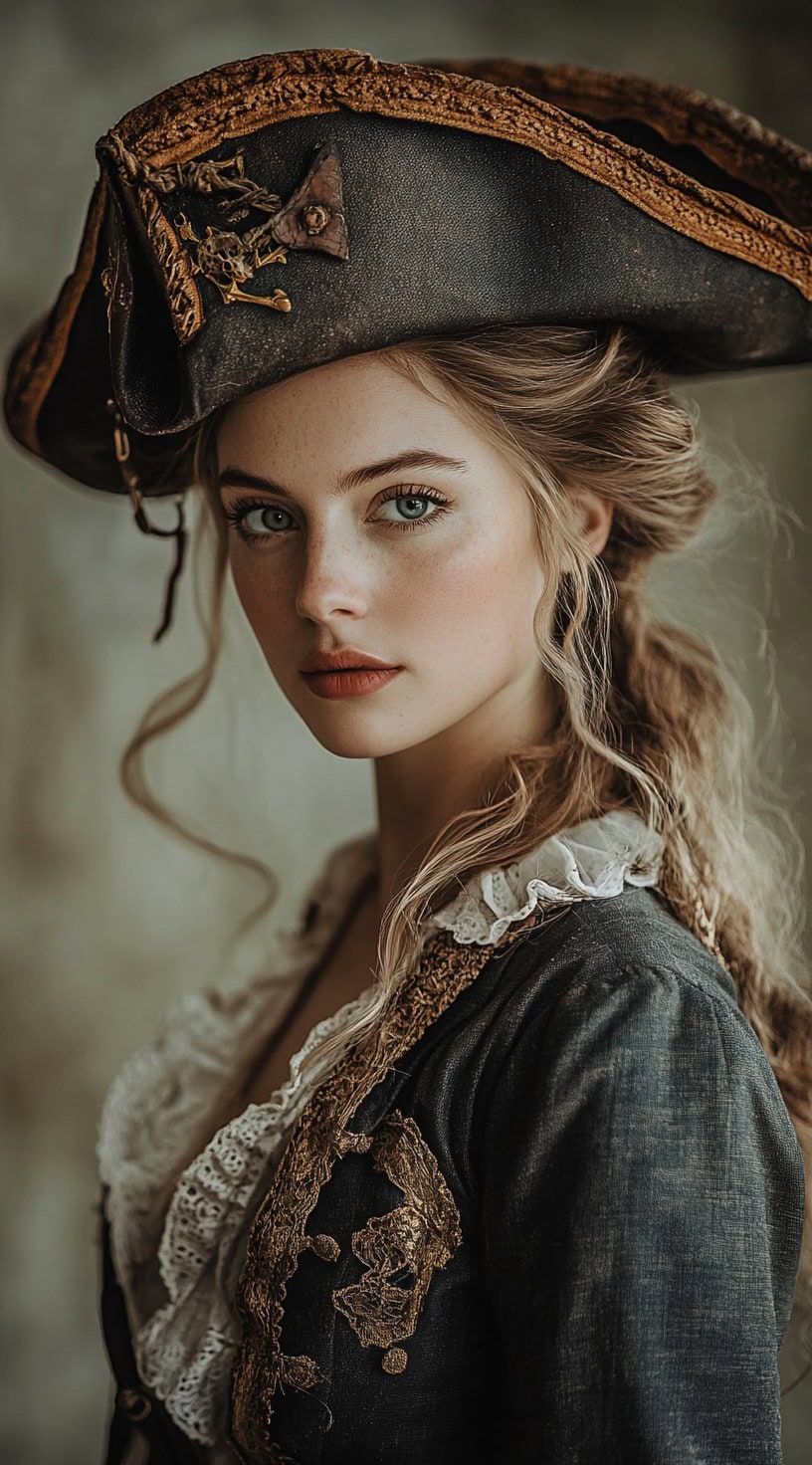 A woman with a loose low ponytail, wearing a large pirate hat.