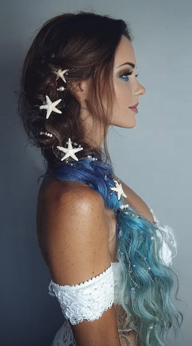 Side view of long blue-to-green hair styled into a loose side braid adorned with white starfish and pearls.