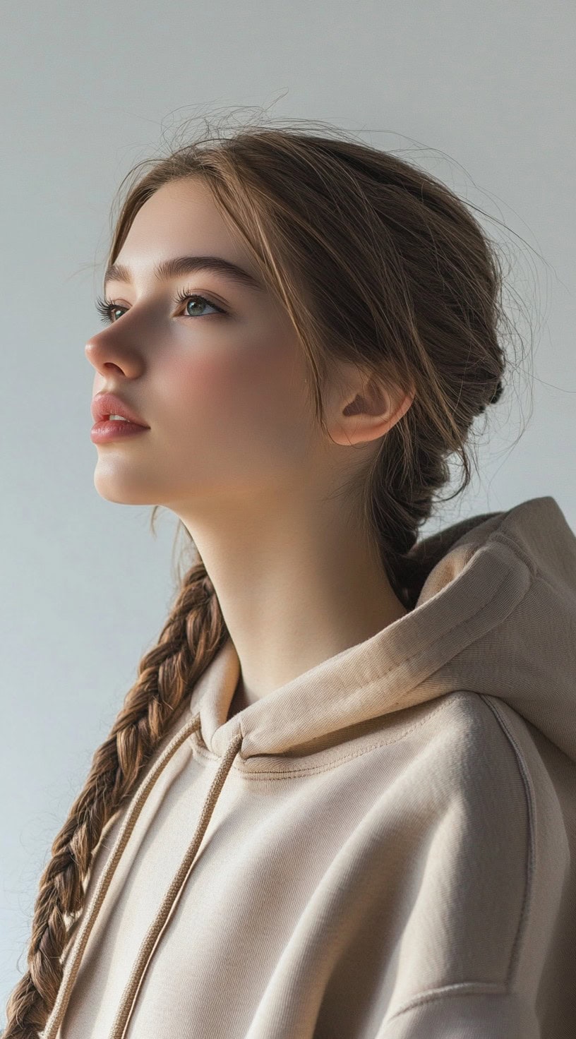 Profile view of a young woman with a loose side braid wearing a beige hoodie.