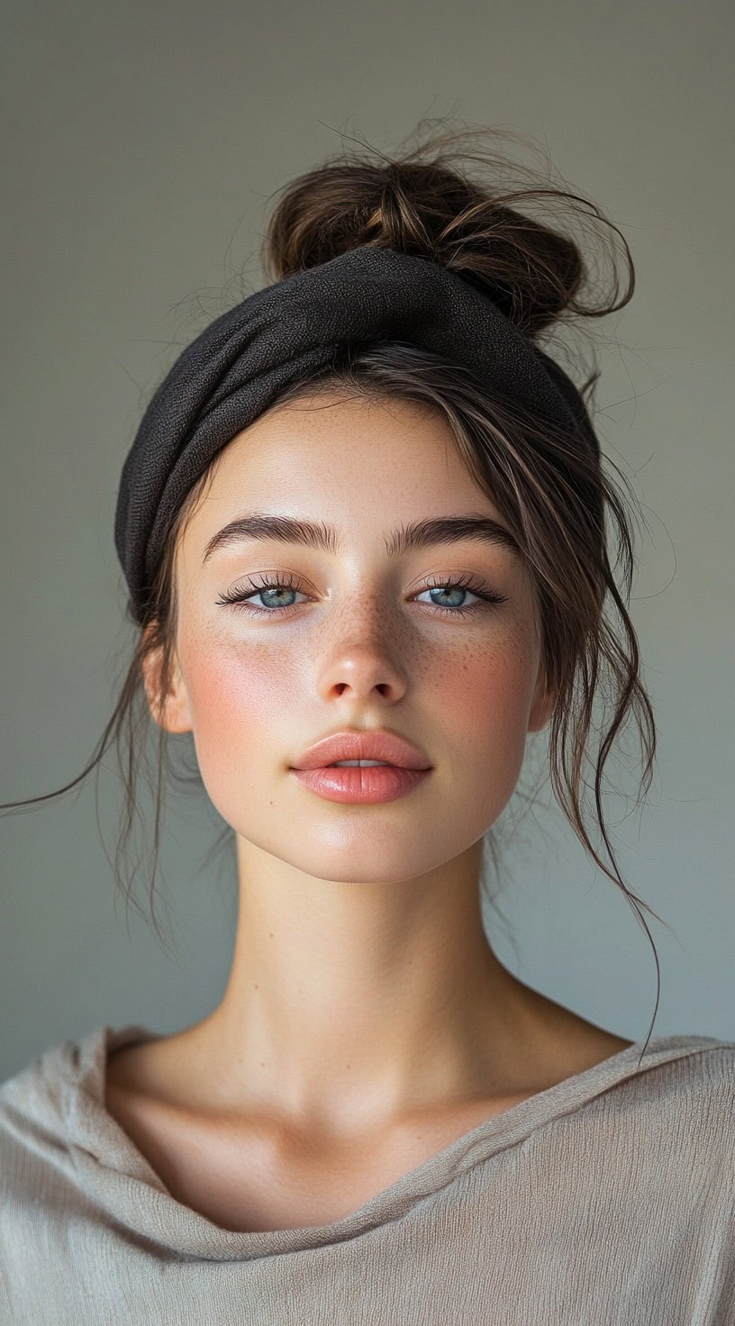 Close-up of a woman with a loose top knot hairstyle, a black thick headband, and natural makeup.