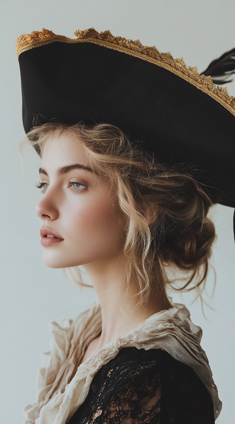 A woman with a loose updo topped with a pirate hat.