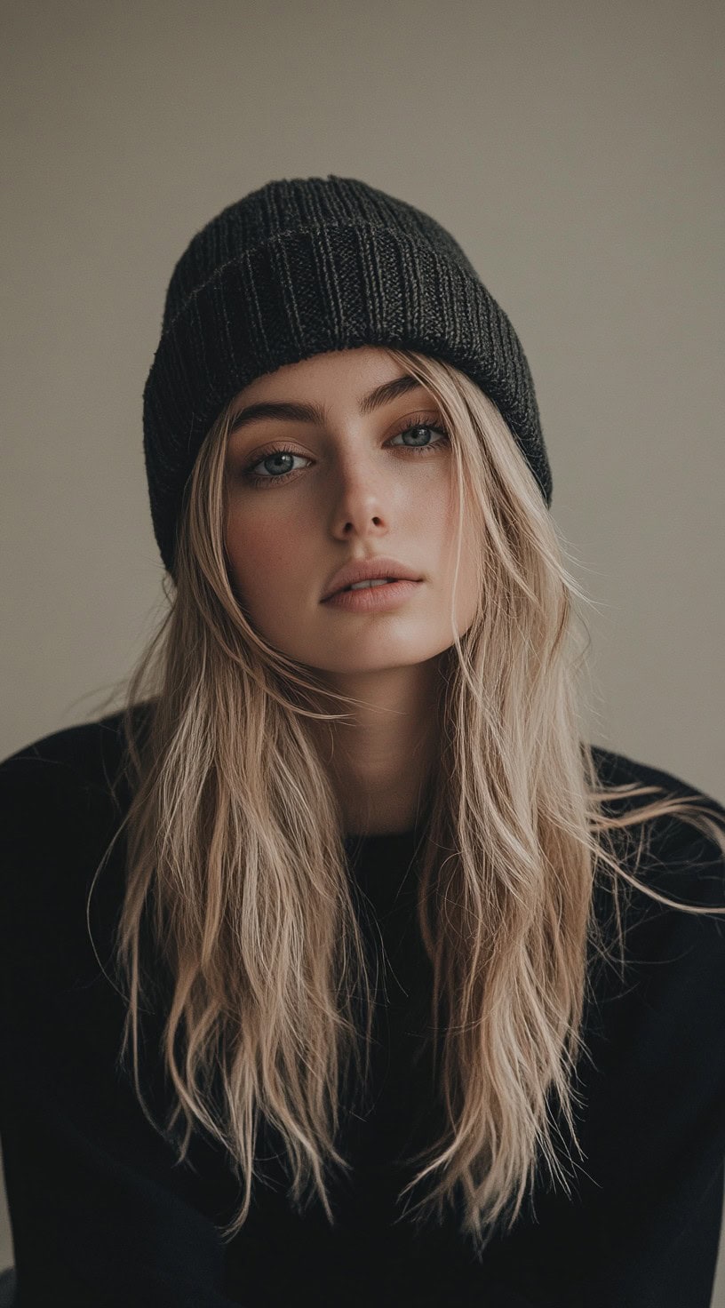 A young woman with loose, tousled waves wearing a black beanie.