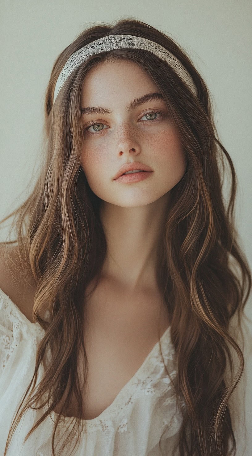 Front view of a woman with loose waves and a lace headband.