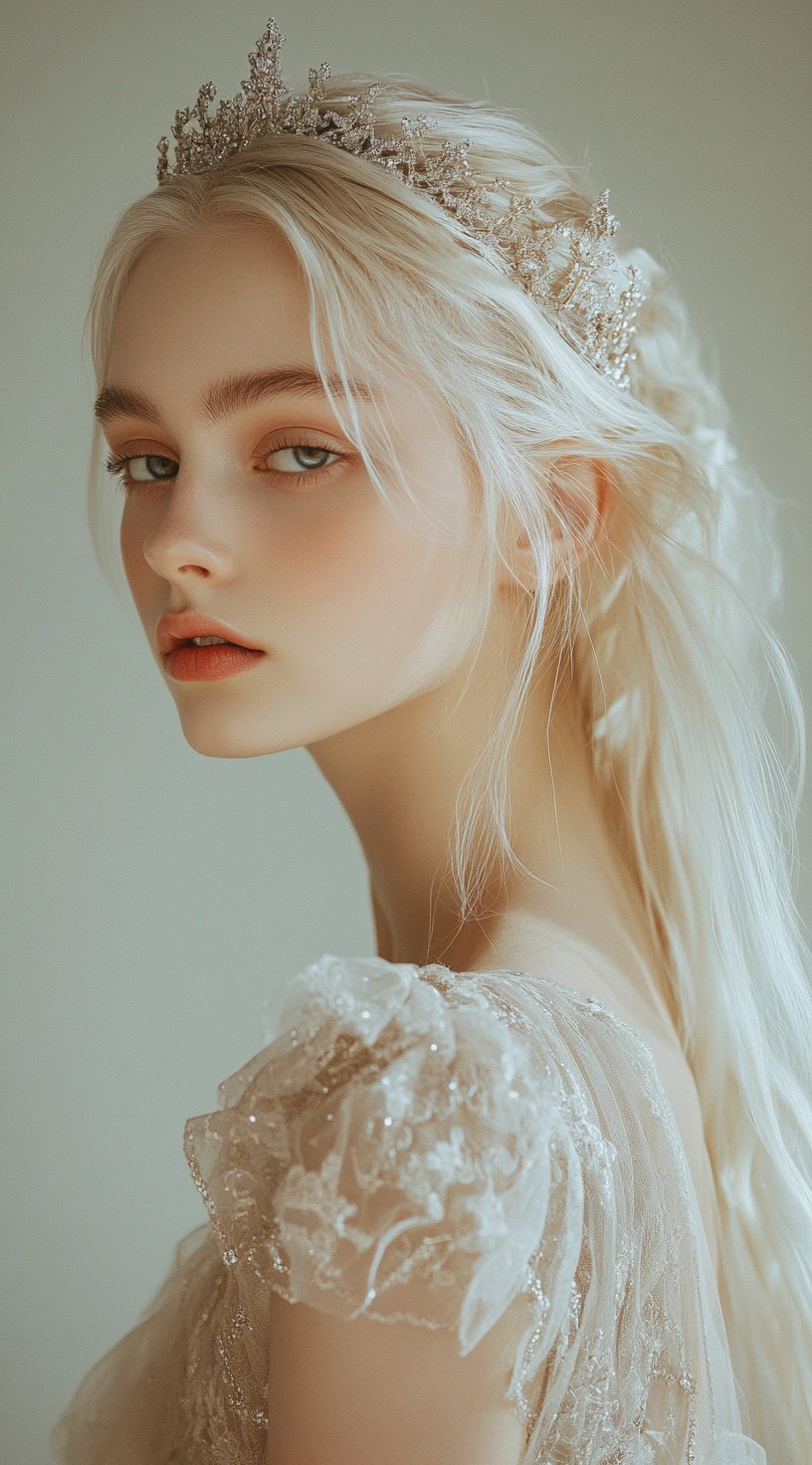 Profile view of a woman with loose waves flowing down her back, adorned with a crystal crown.