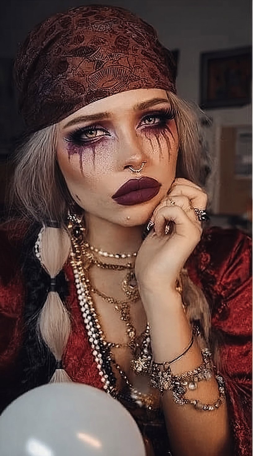 Blonde woman wearing a bandana with platinum low pigtail braids and dark, tear-like makeup streaks.