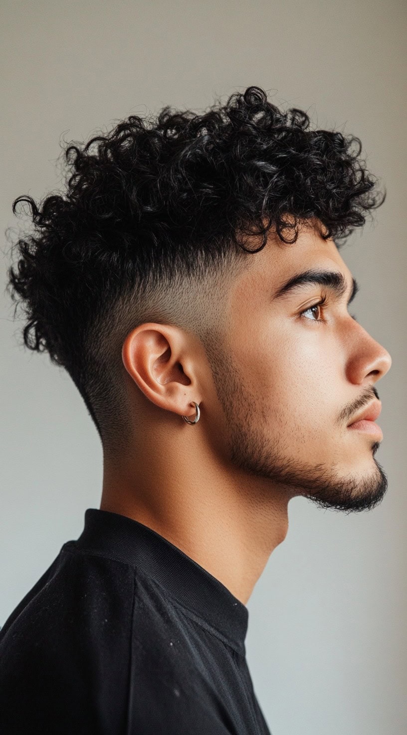 Side profile of a man with a curly top and a low fade, creating a subtle yet stylish look.