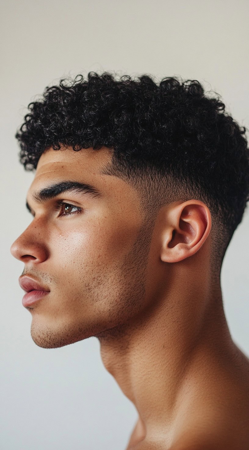 Side profile of a man with natural curls styled with a low fade, emphasizing the contrast between the curls and the fade.