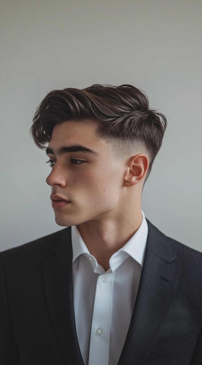 A young man with a low fade and side part, dressed in a black suit.