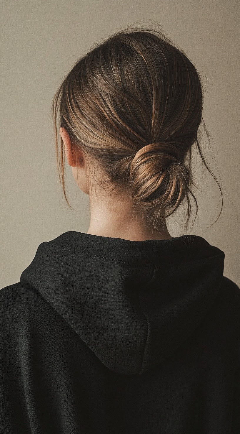 Rear view of a young woman with her hair tied in a low knot bun, wearing a black hoodie.