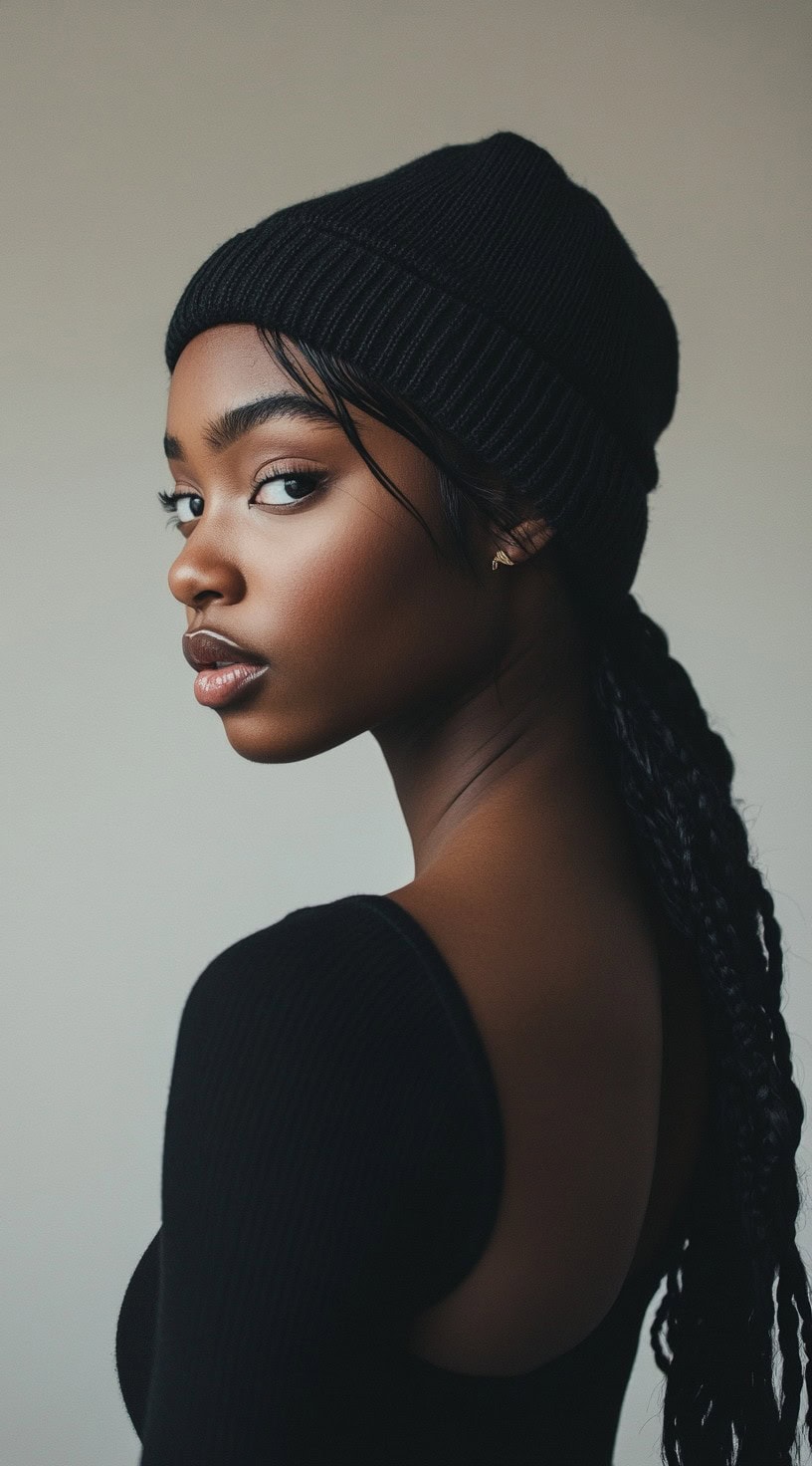 A young woman with a low ponytail braids wearing a black beanie, exuding a sleek and elegant style.