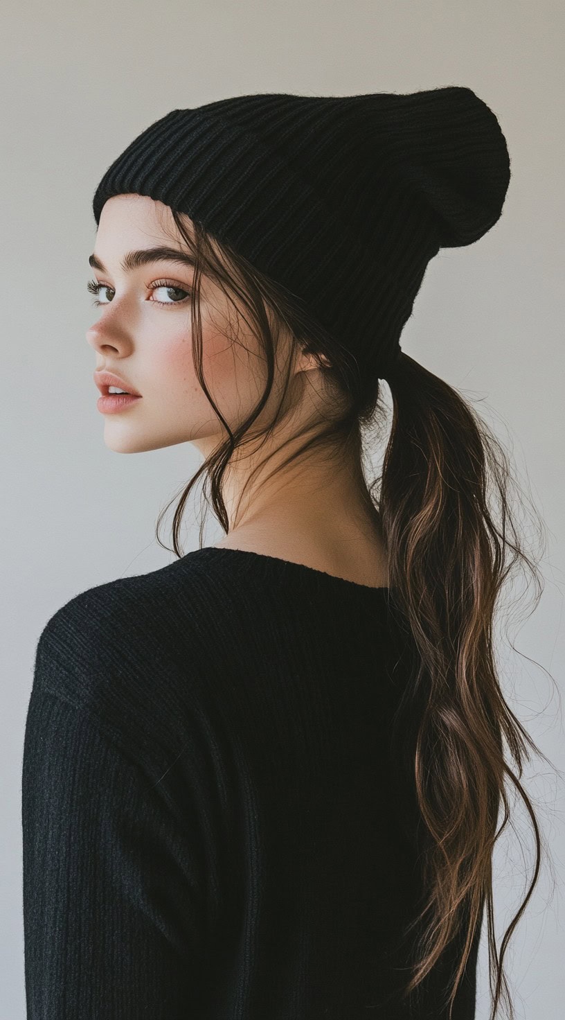 A young woman with a low ponytail and a black beanie, exuding a sleek and casual style.