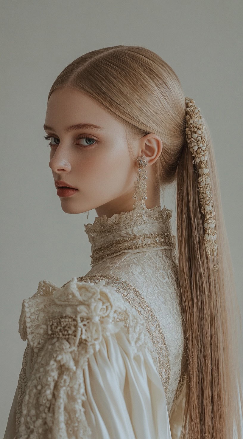 Side profile of a woman with a low ponytail elegantly wrapped with floral elements, adding a touch of romance.