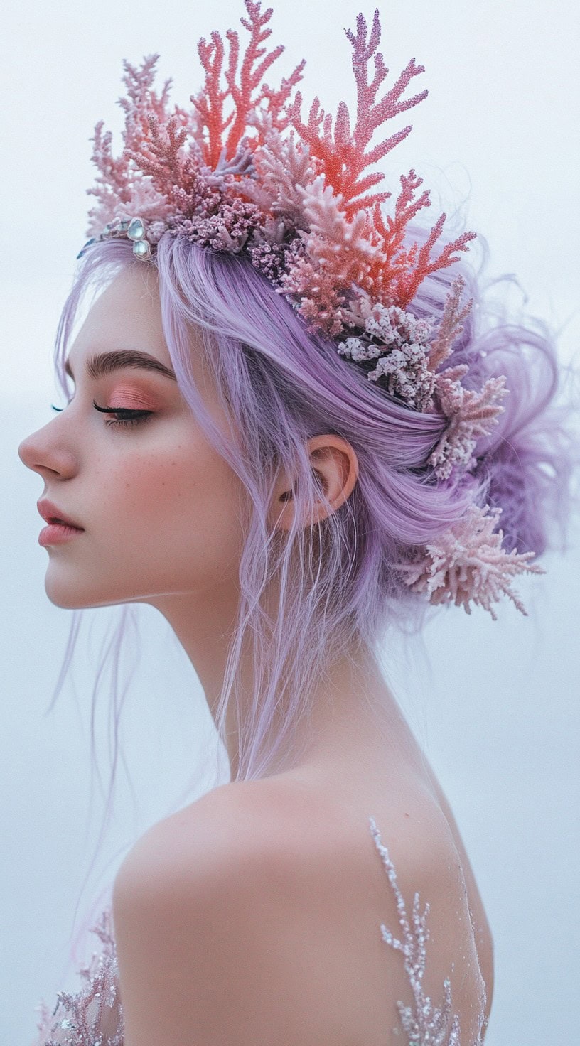 This image shows a person with lilac hair styled in a low updo, adorned with a coral crown.