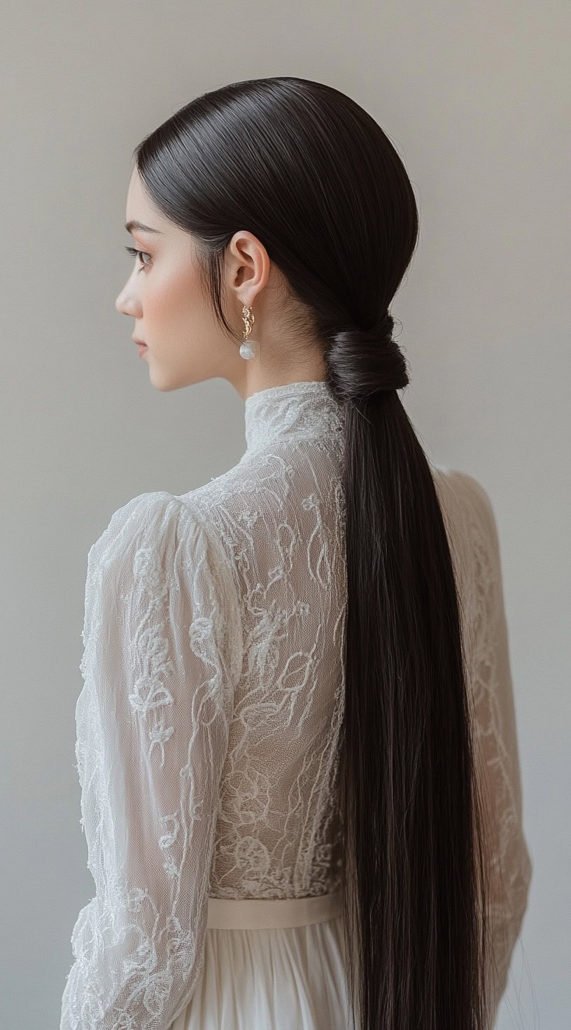 A profile view of a woman with a long, low ponytail wrapped at the base, wearing a lace dress.