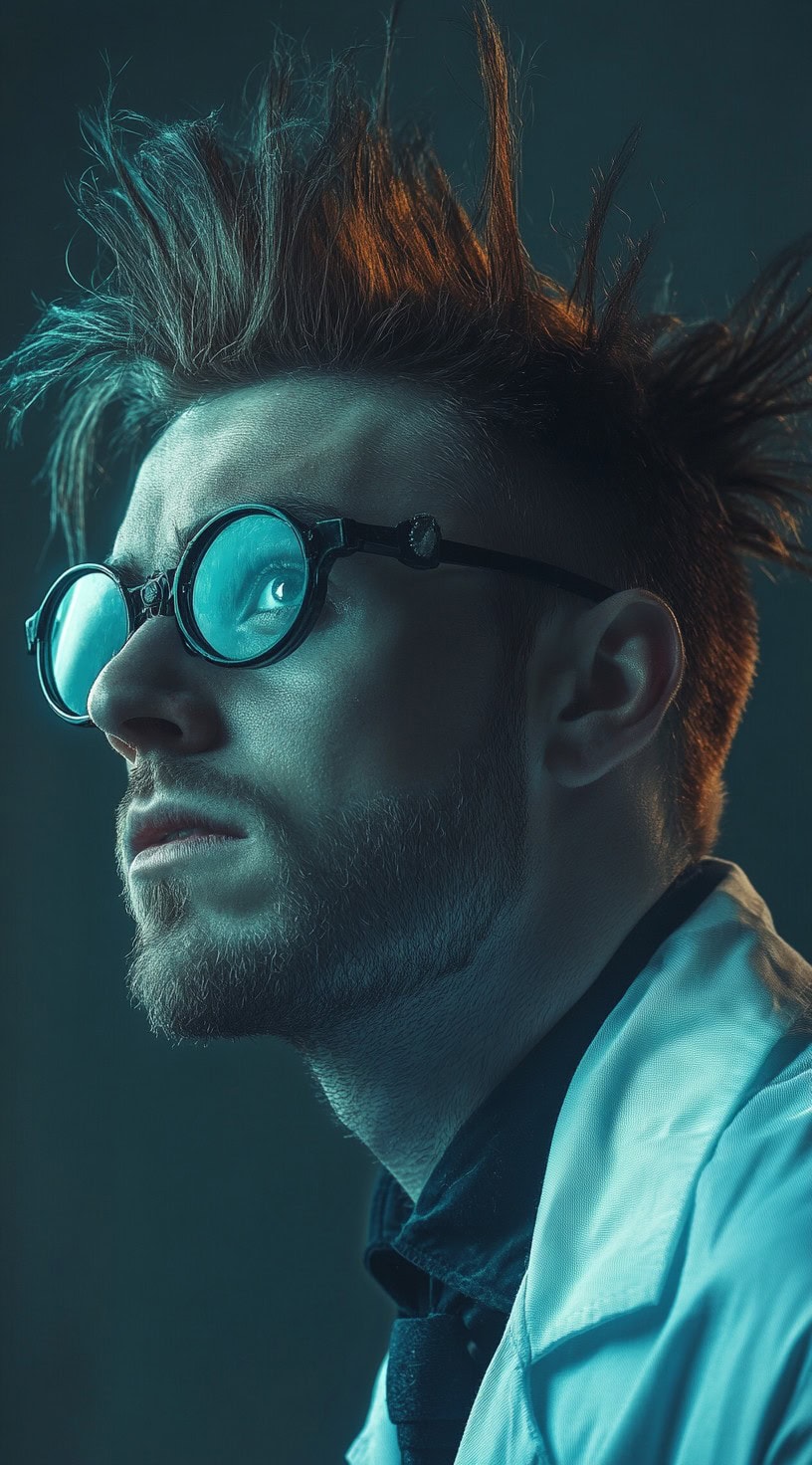 Mad scientist with wild, spiked hair and round glasses, exuding a chaotic energy.