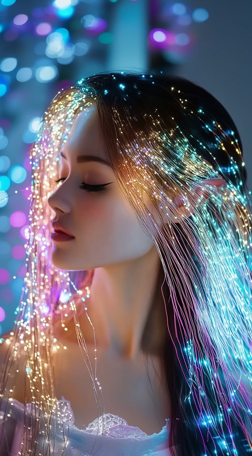 In this image, a woman with long hair is adorned with LED light hair extensions, creating a magical and colorful look.