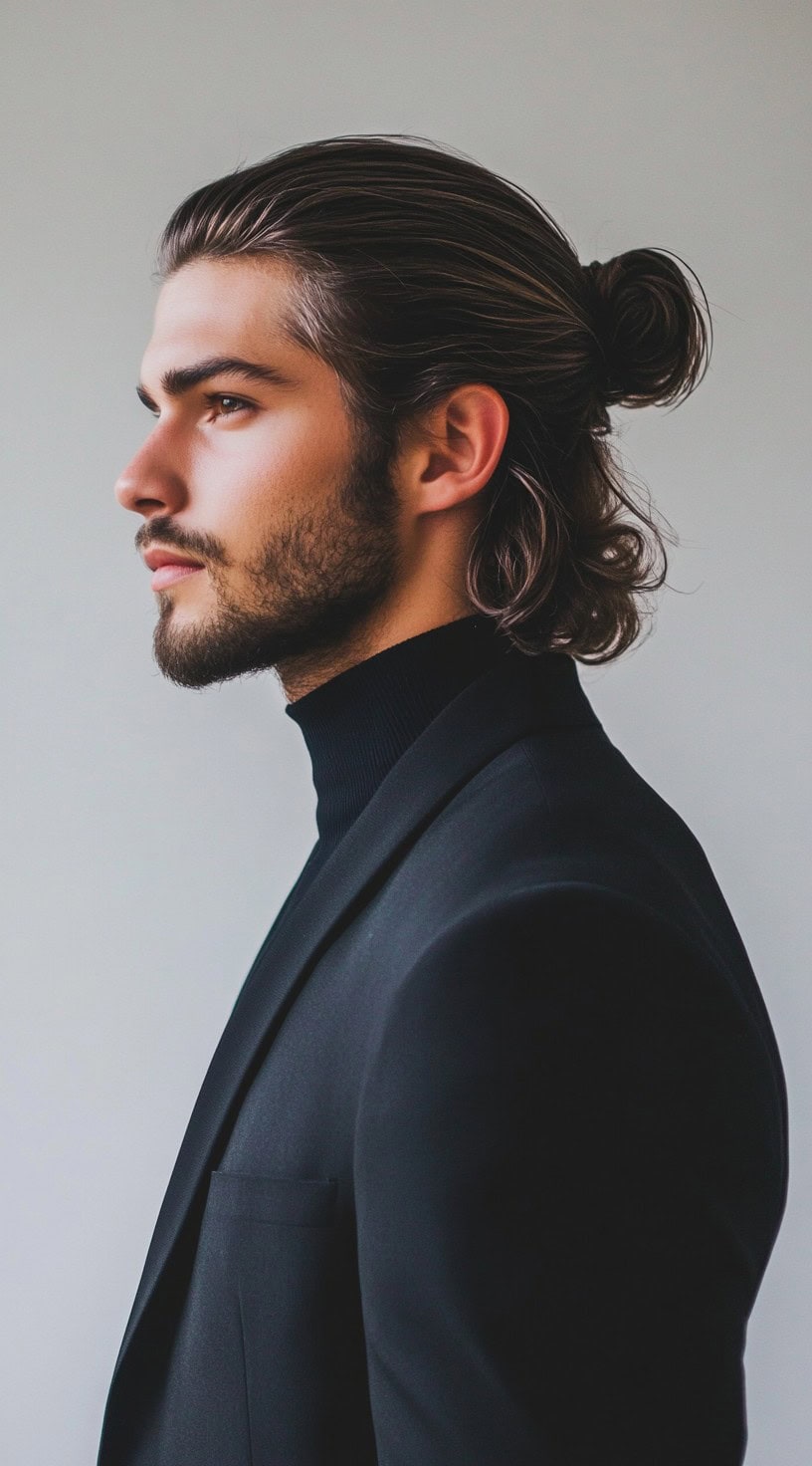 A man with a neatly tied man bun, dressed in a black suit and turtleneck.