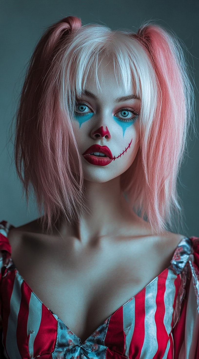 Blonde and pink bob styled into pigtails with wispy bangs and clown makeup.