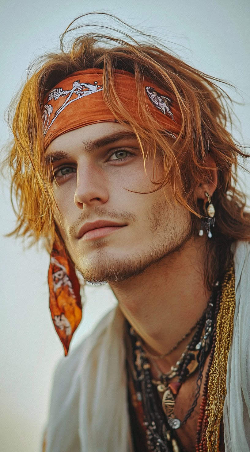 Man with medium-length hair and free-flowing locks over a bandana, looking intense.