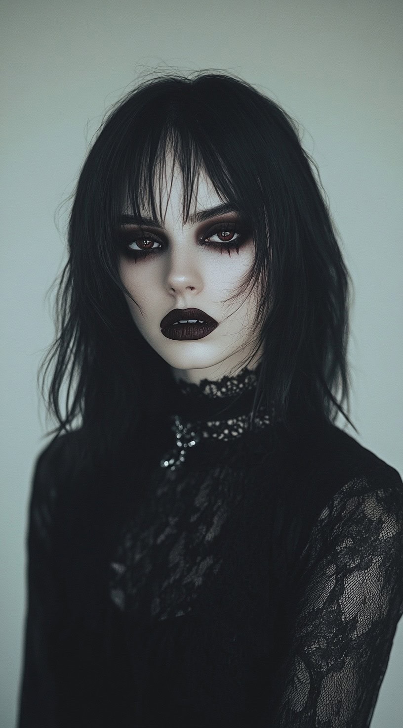 Front view of a woman with medium-length layered hair and wispy bangs, styled with vampire makeup.