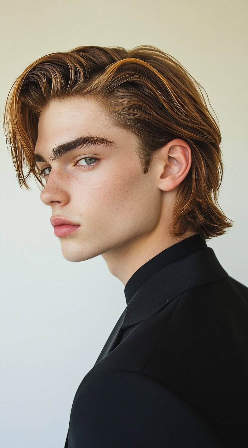 A young man with medium length hair swept back, wearing a black suit.