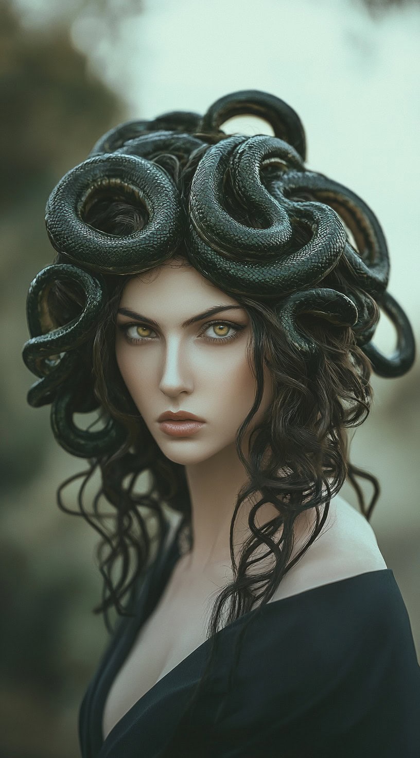 This photo shows a woman with messy hair adorned with plastic snake ornaments, resembling Medusa.