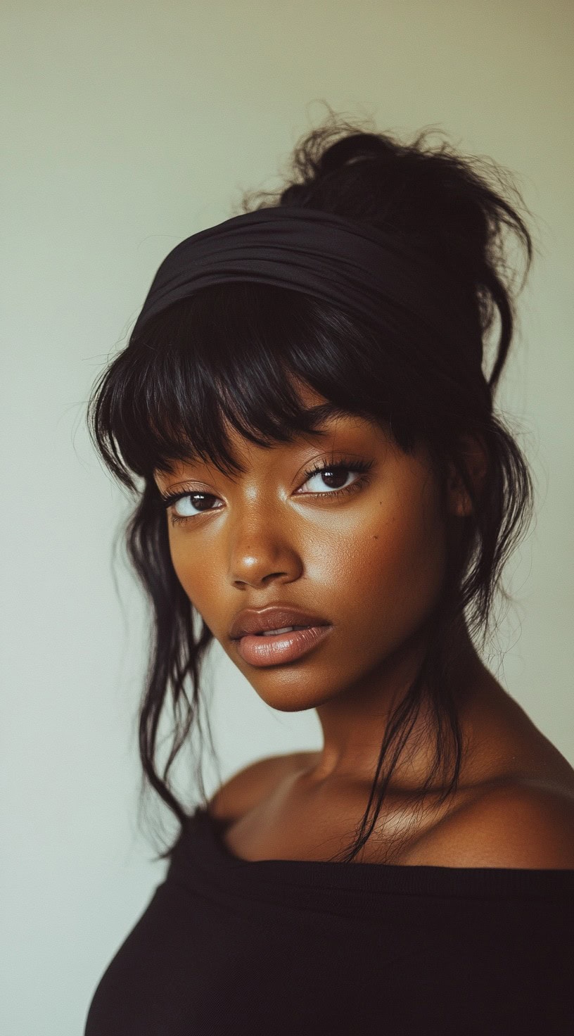 Close-up of a woman with a messy bun, side-swept bangs, and a thick black headband.