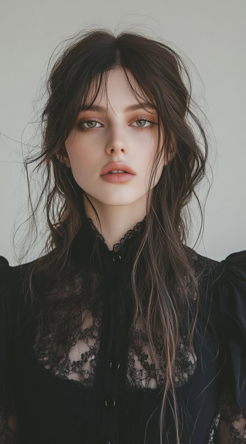 This photo shows a woman with messy, face-framing layered hair and a middle part.