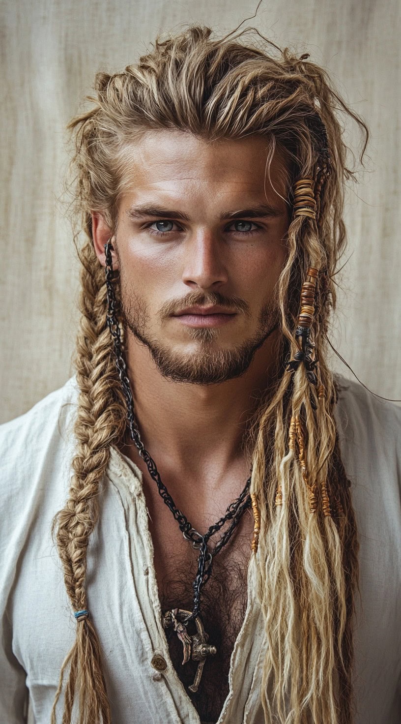 Man with long, messy hair half-braided and tucked, adorned with beads.