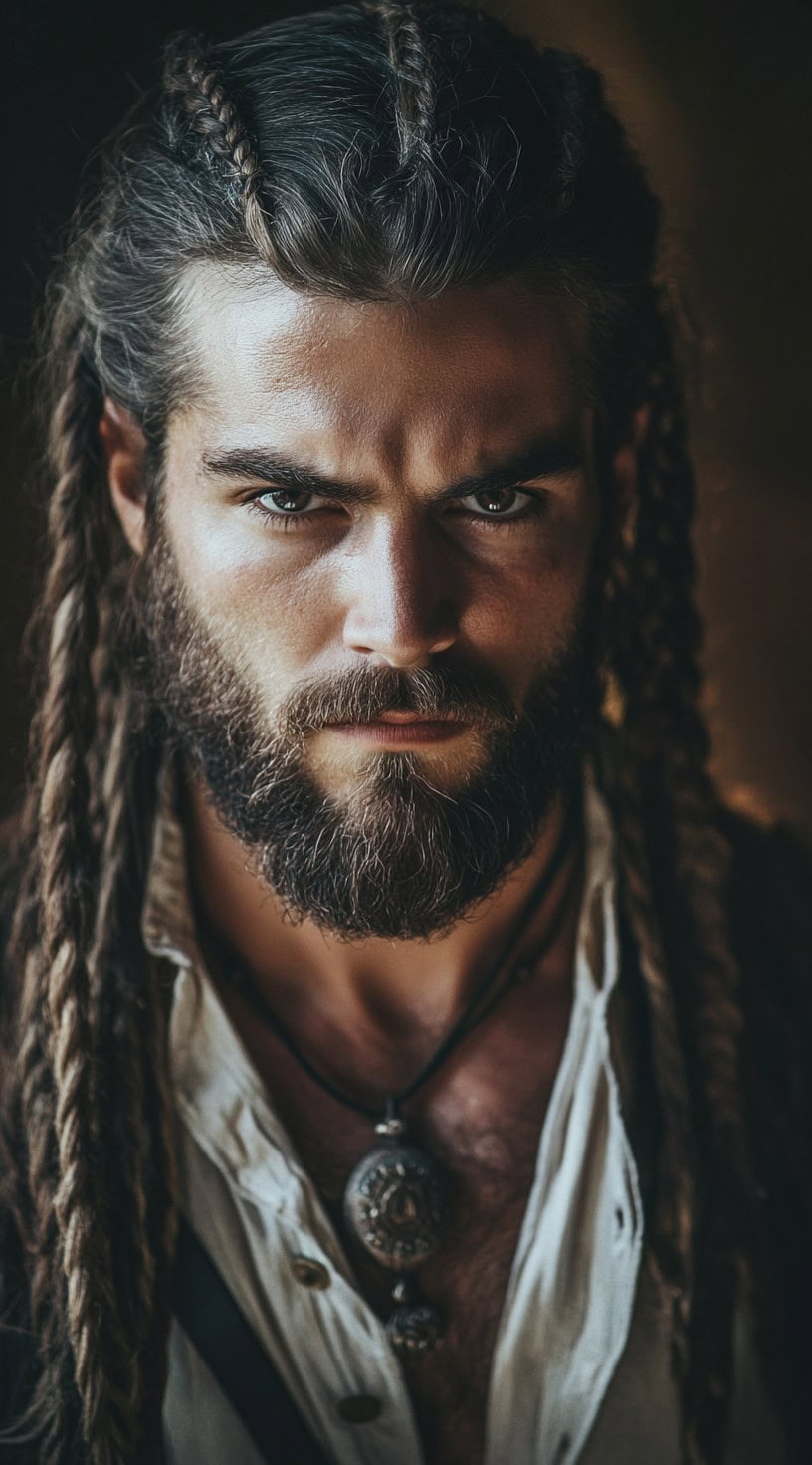 Man with long, messy hair styled with multiple Dutch braids, wearing a pirate costume.