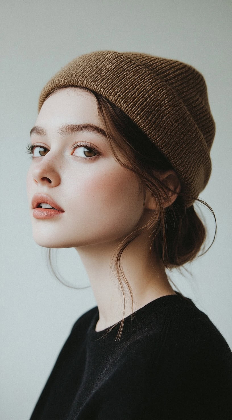 A young woman with a messy low bun under a brown beanie, presenting a laid-back and chic style.