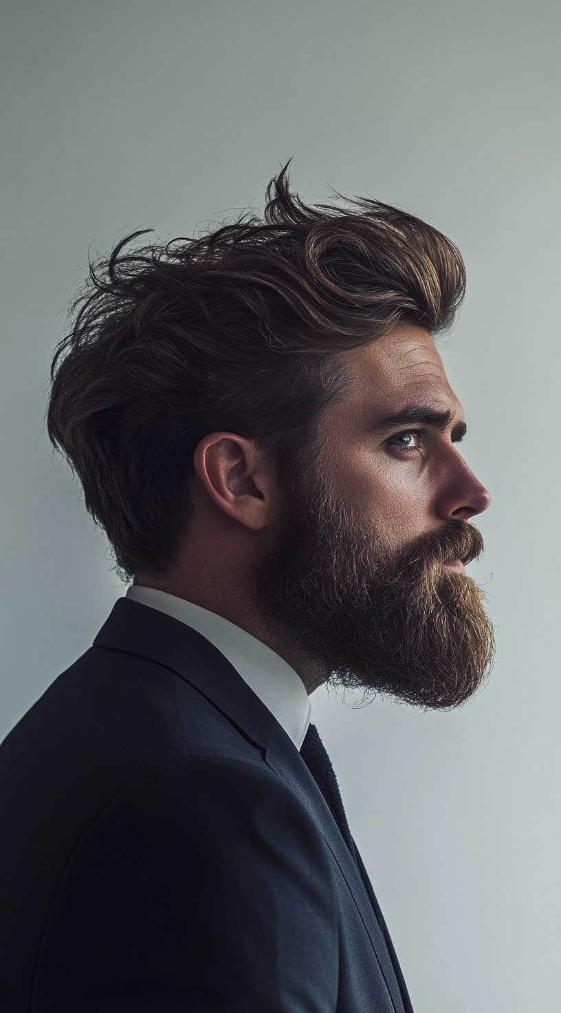 A side profile of a man with a messy quiff and a full beard, wearing a suit.