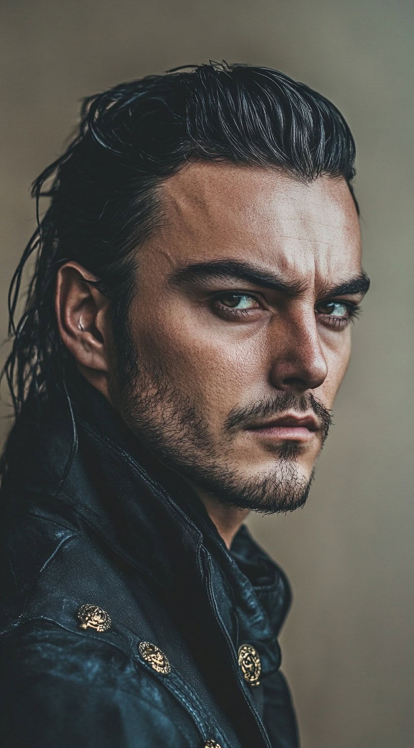 Man with slicked back hair styled to look wet and messy, wearing a black pirate coat with gold buttons.