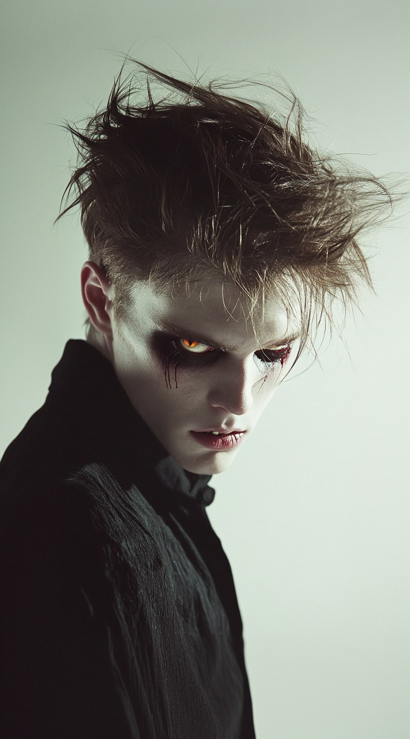 A vampire with spiky hair and glowing orange eyes.