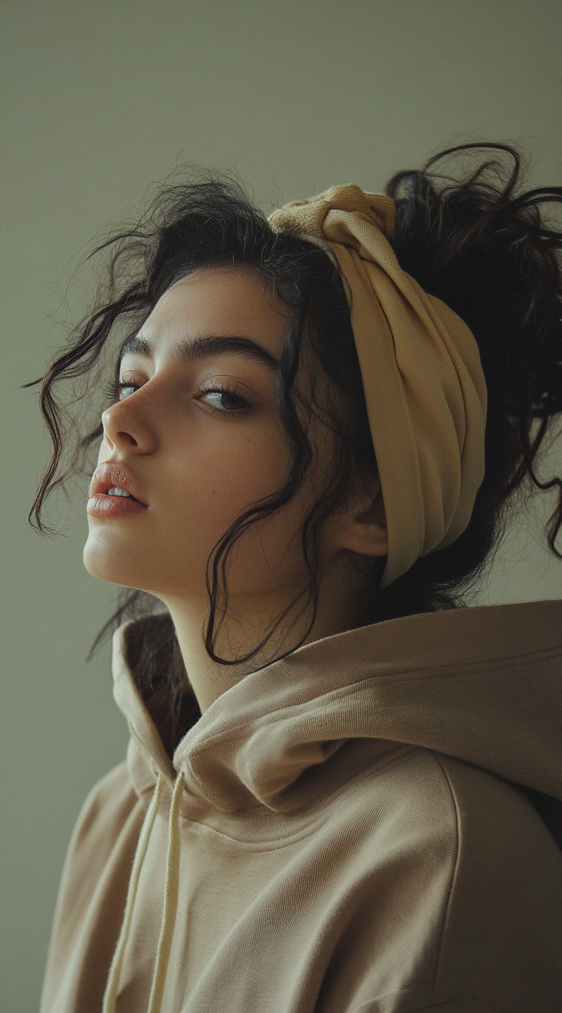 Side profile of a young woman with a messy updo and a headband, wearing a beige hoodie.