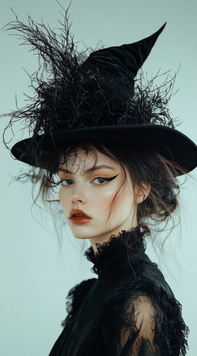 This photo shows a woman with a messy updo adorned with a witch hat.