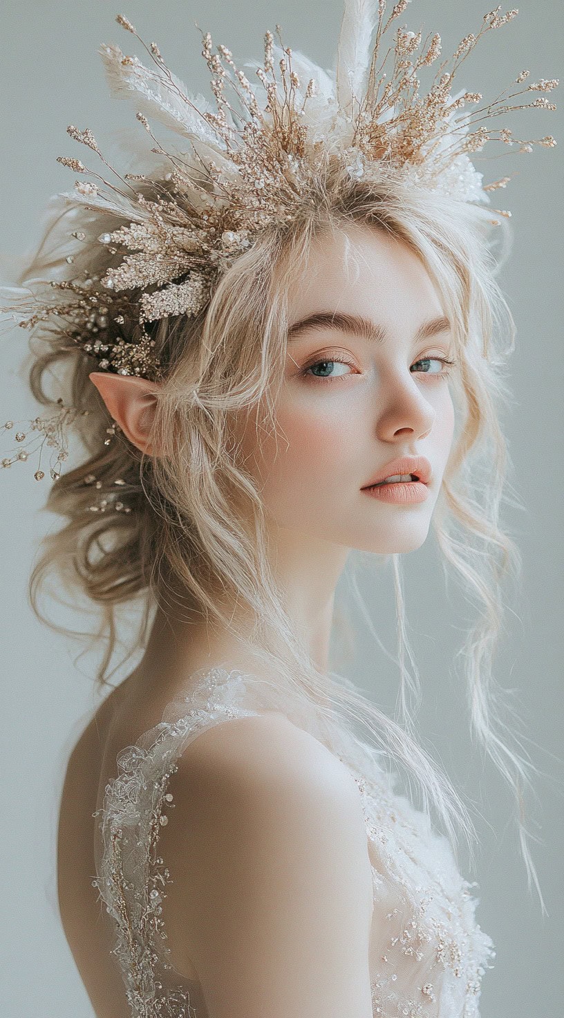 In this photo, a woman with a messy wavy updo is adorned with a centerpiece floral tiara and pointy ear cuffs, creating a whimsical look.