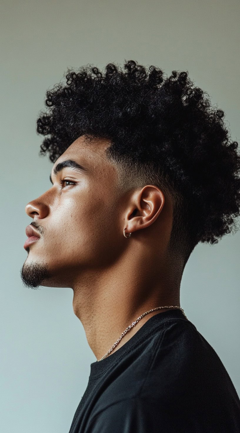 Side profile of a man with a mid fade and textured afro curls, offering a balanced and modern look.