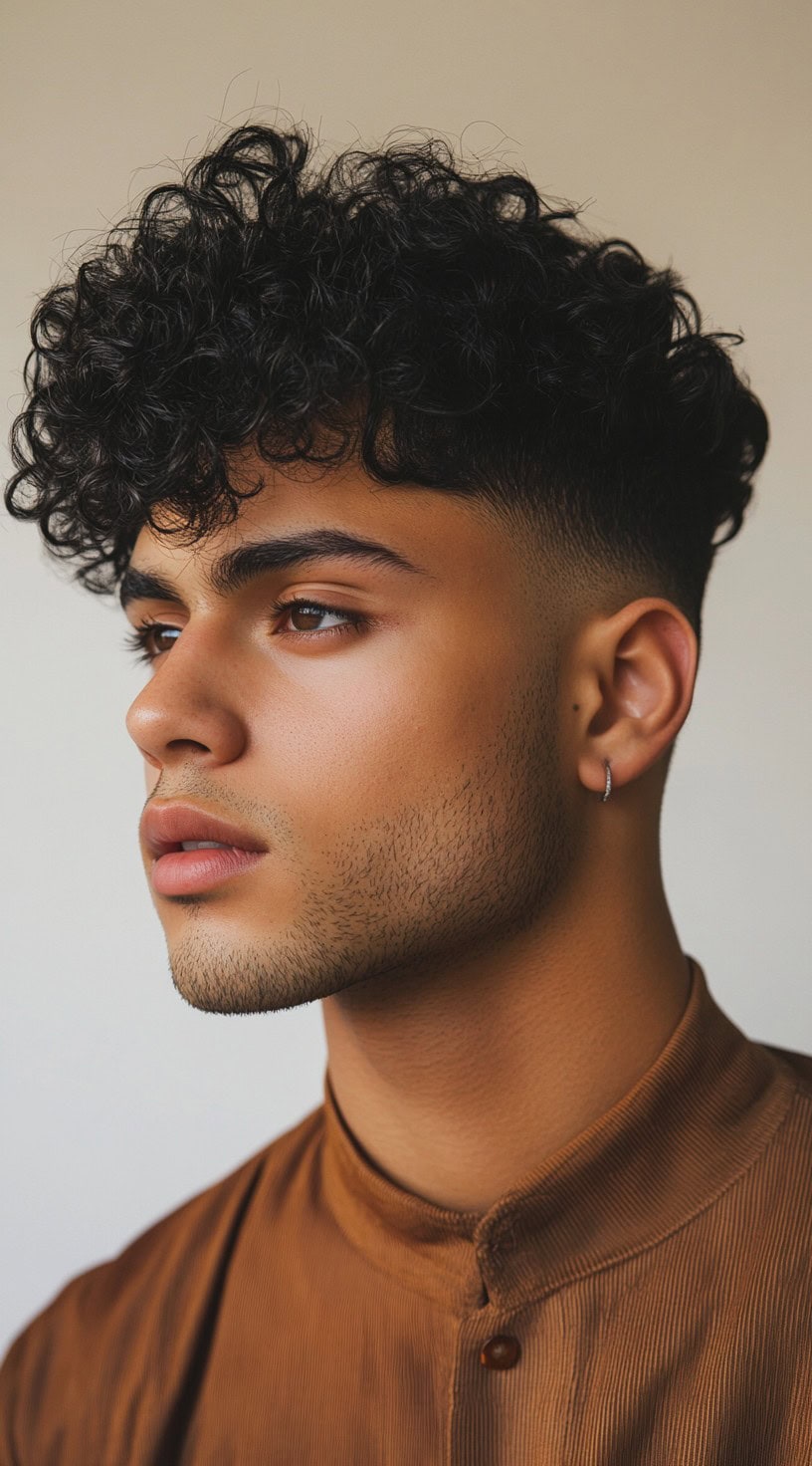 Side profile of a man with tight curls and a mid fade, offering a balanced look between bold curls and a clean fade.