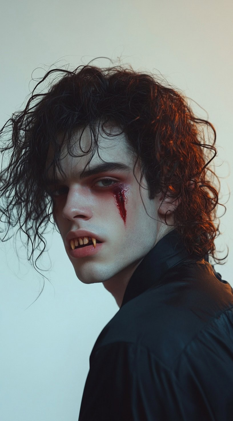 Side profile of a man with medium-length curly hair styled to appear wet and tousled.