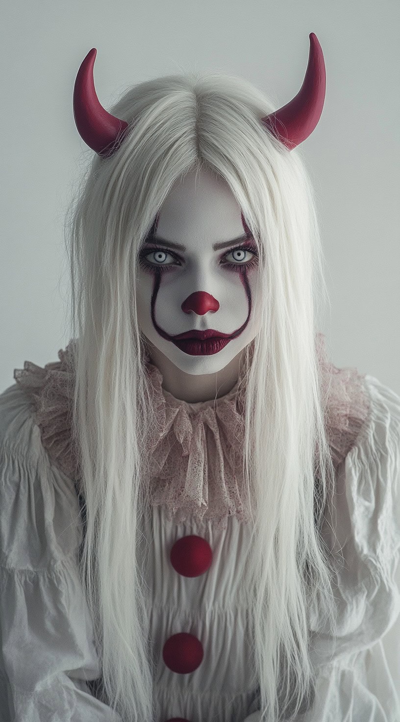 Platinum blonde hair with red horns and clown makeup.